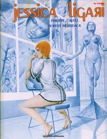 Jessica Ligari en robe courte, fesses nues sur chaise, seins nus de statue fissurée, regards intenses en arrière-plan