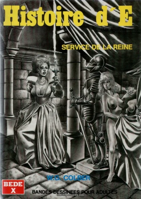 Reine en robe médiévale avec cierge, chevalier en armure caressant seins et fesses de deux femmes nues soumises