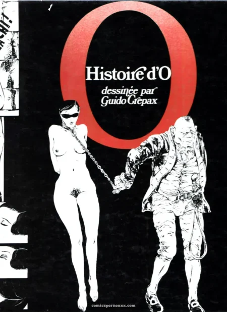 Femme nue avec chaîne autour du cou tenue par un homme en costume ancien sous le grand O rouge de Histoire d'O