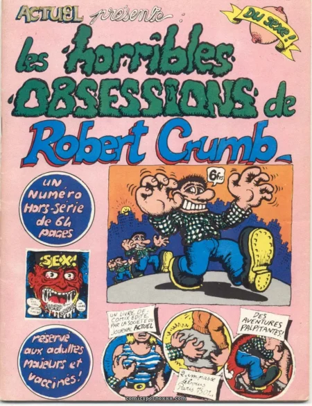 Couverture rose de Robert Crumb : mecs musclés, bouche béante, scènes de sexe explicites, badges 'Sex' et 'Aventures palpitantes'